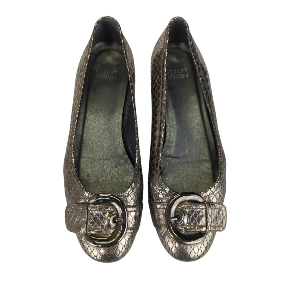 Stuart Weitzman Metallic Buckle Flats Croc Leather Round Kitten Sz 8 Bronze Gold - Image 3