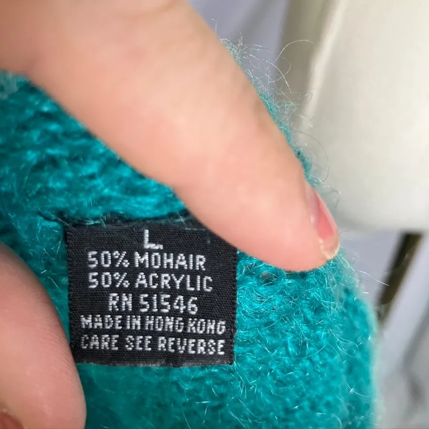 Vintage PASTA Cardigan Sweater Large‎ Mohair Blend Teal Green Floral Knitwear - Image 4