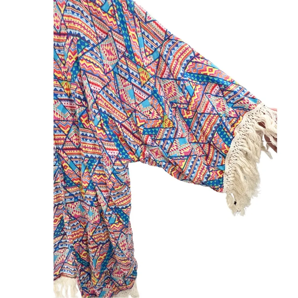 Kori America fringe kimono s/m colorful Aztec geometric lightweight coverup - Image 3