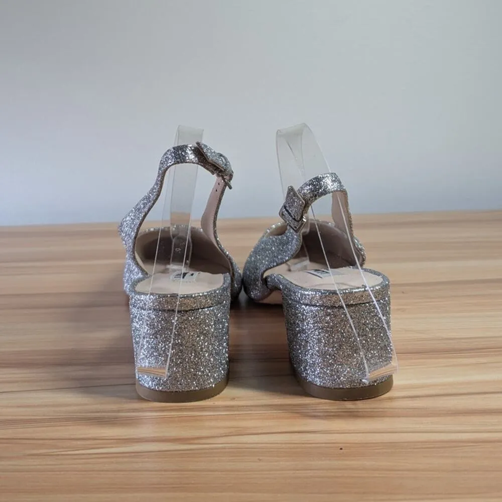 LK Bennett Womens Chloe Silver Sparkly Slingback Block Heels Size EU 39.5 US 9.5 - Image 7