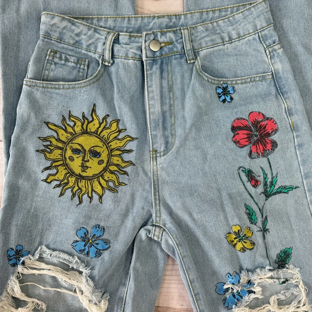 Destroyed Light Denim Sun & Tropical Flower Print High Rise Straight Leg Jeans - Image 5