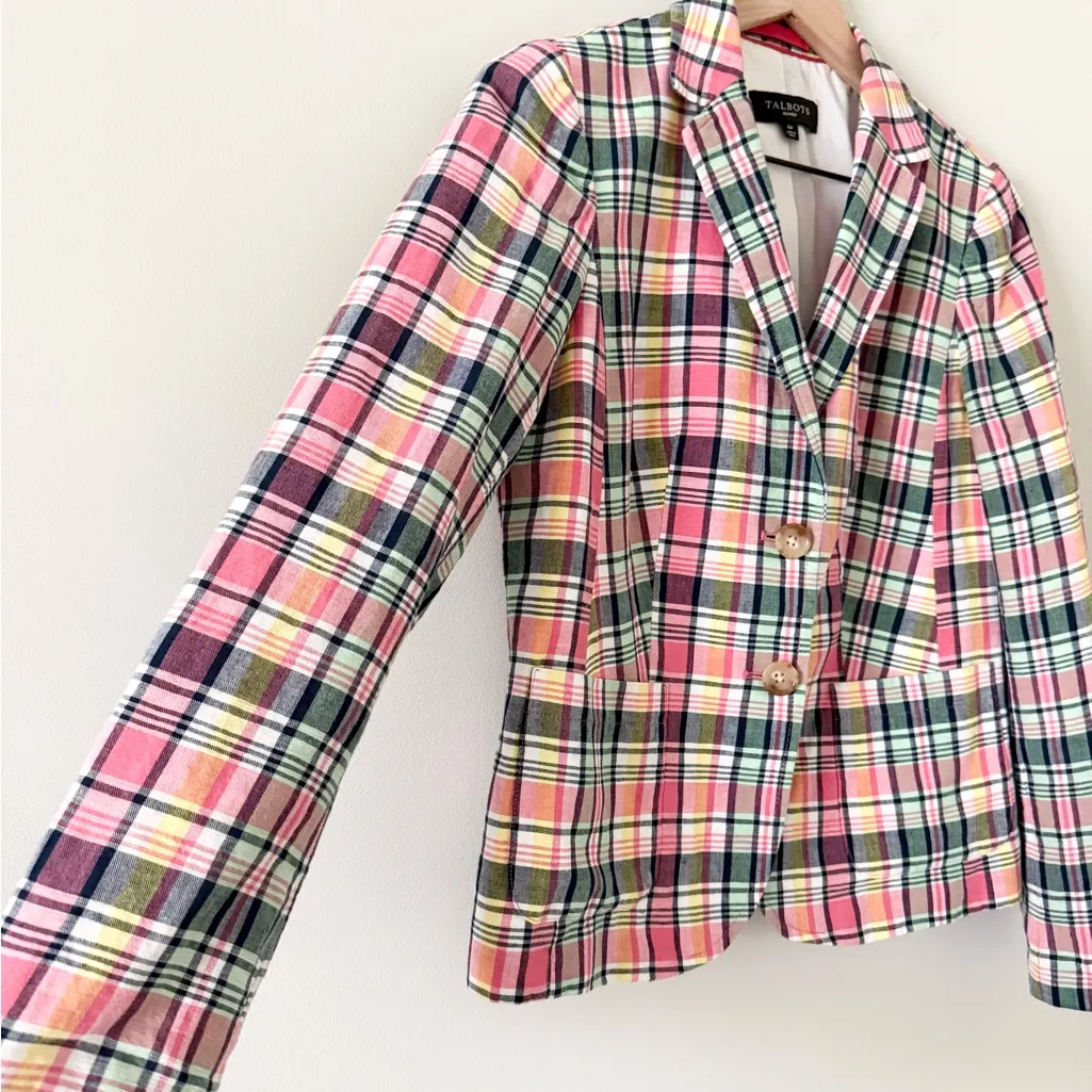 Talbots Cotton Linen Blend Two Button Blazer in Multi Plaid Size 4P - Image 3