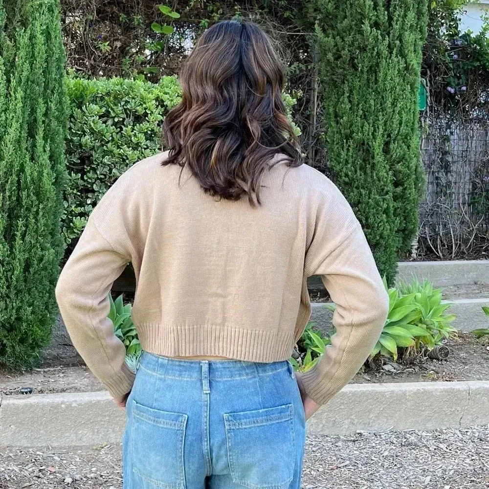 Cardigan Sweater Floral Knitted Oversized Boxsy Waist Length Khaki Brown - Image 4