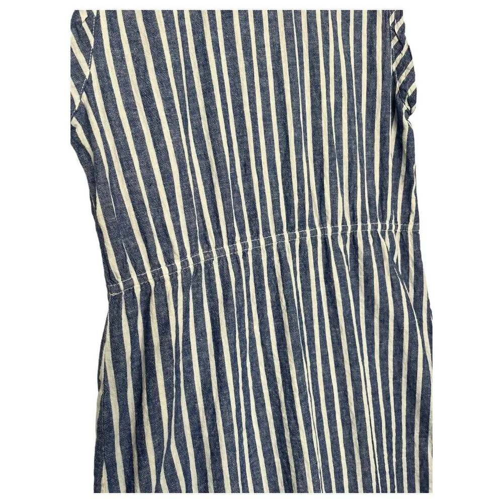 Beach Lunch Lounge Dress Womens L Linen Striped Shirt Embroidered Floral Blue - Image 10