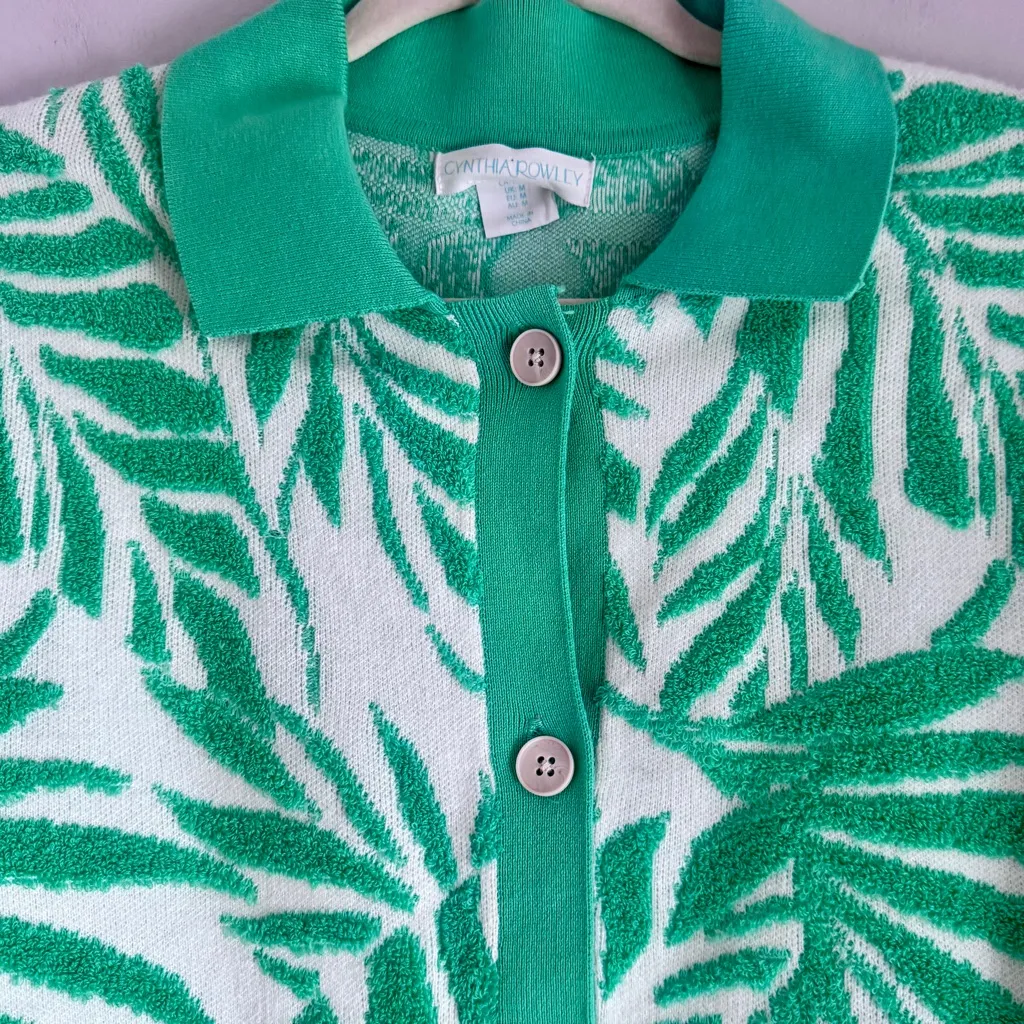 Cynthia Rowley Green Leaf Pattern Terry Cloth Button Front Cardigan Sweater Med - Image 5