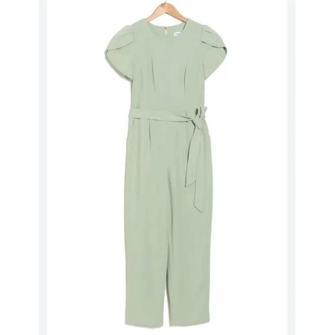 Calvin Klein Sage Green Tulip Sleeve Belt Stretch Crop Jumpsuit Size 14 - Image 4
