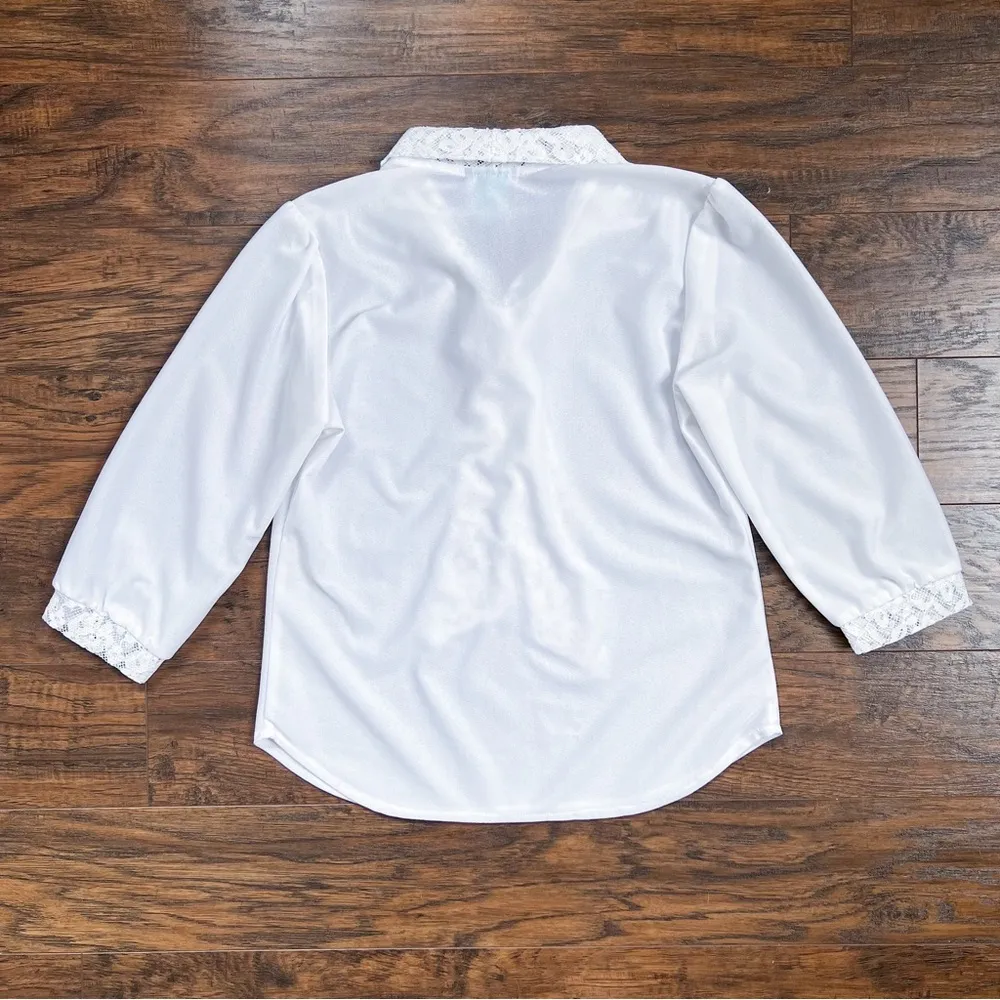 vintage • 70s blouse white lace jabot tie collar secretary polyester popover - Image 8