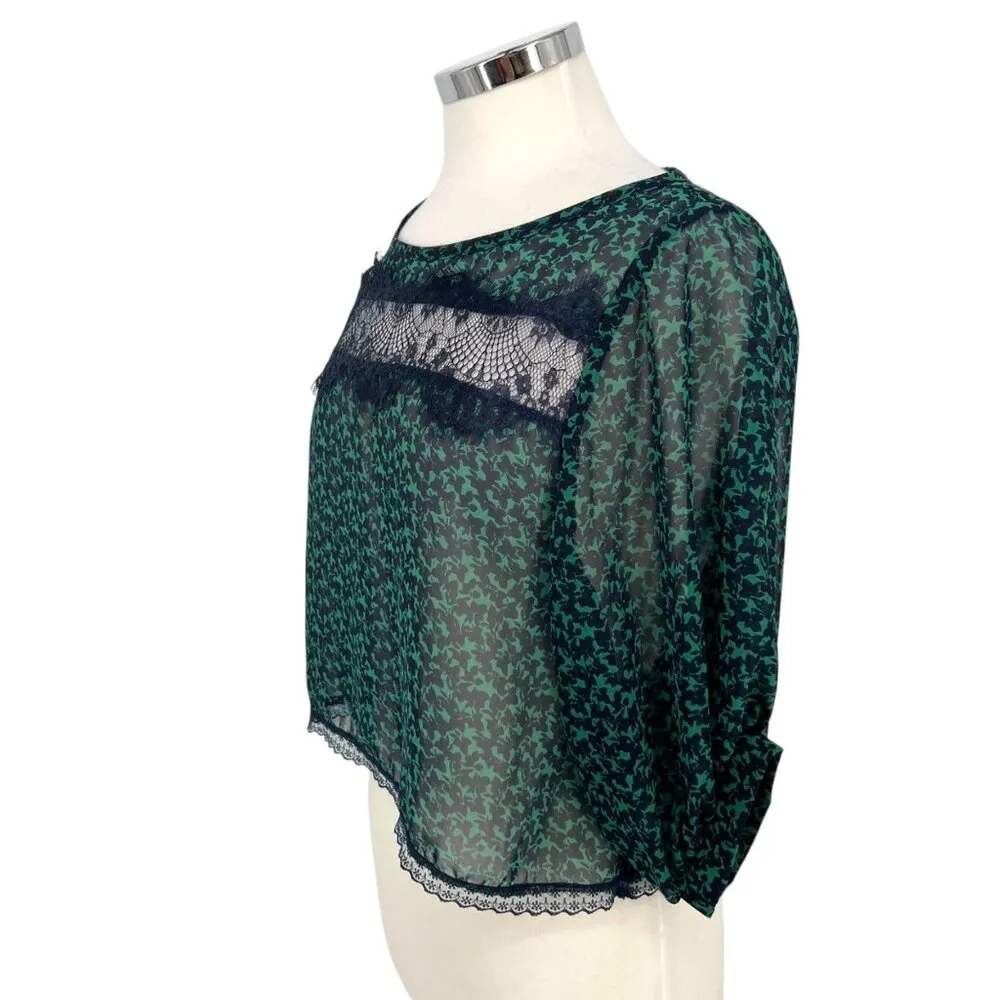 Lush Green Navy Sheer Lace Accent Blouse Half Sleeve Size Medium - Image 5