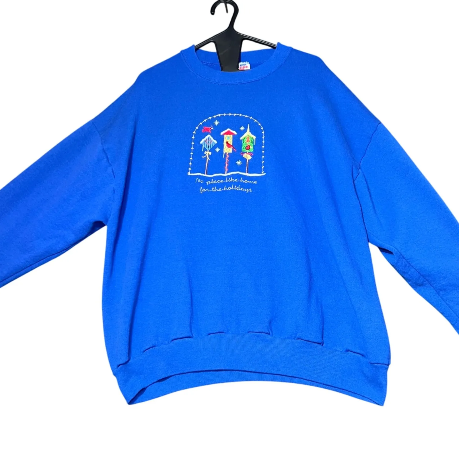 Vintage Holiday Embroidered Birdhouse Sweatshirt Womens XXL Blue Christmas Cozy - Image 2