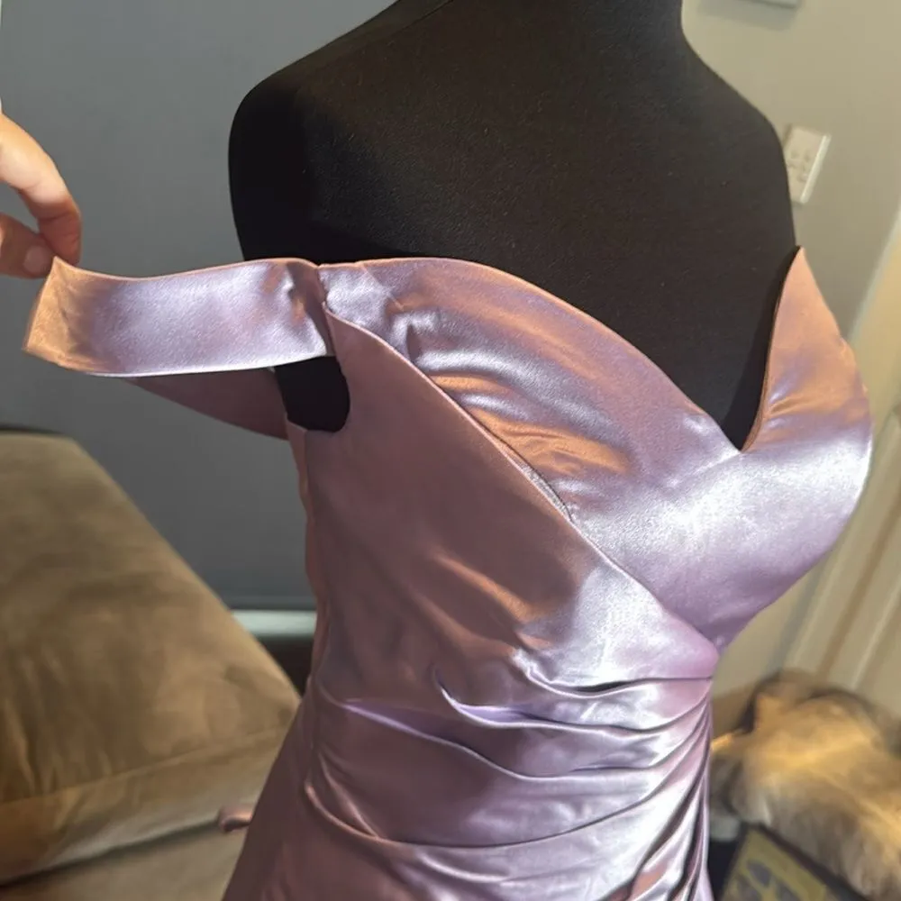 Full Length Purple Satin Off the Shoulder Mermaid Fit Prom Formal Dress Size 6 - Image 2