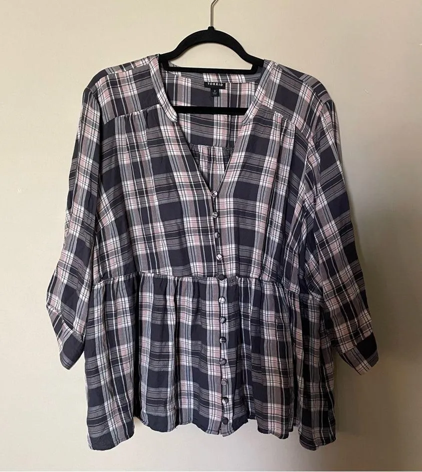 Grey Plaid Babydoll Rayon Twill Button-Front Top - Image 5