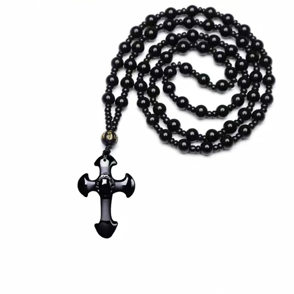 1pc Classic Religious Style Christian Cross Fashion Obsidian Pendant‎ Necklace Black - Image 6