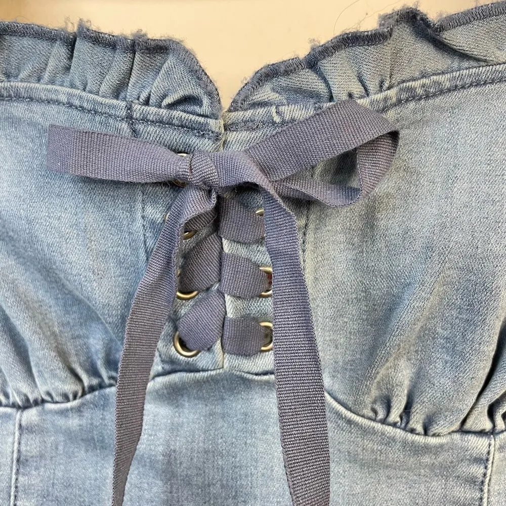 Nayda Denim Ruffle Lace up Stretch Mini Dress womens XS new - Image 9