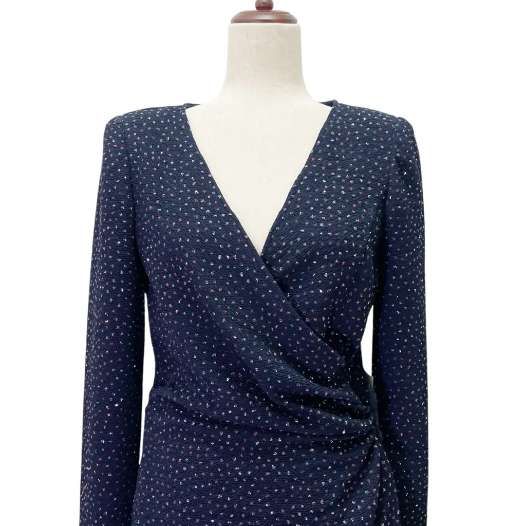 NWT Reggio Millennium 2000 Navy Sparkle Wrap Dress Size 10 Long Sleeve Ruched Blue - Image 6