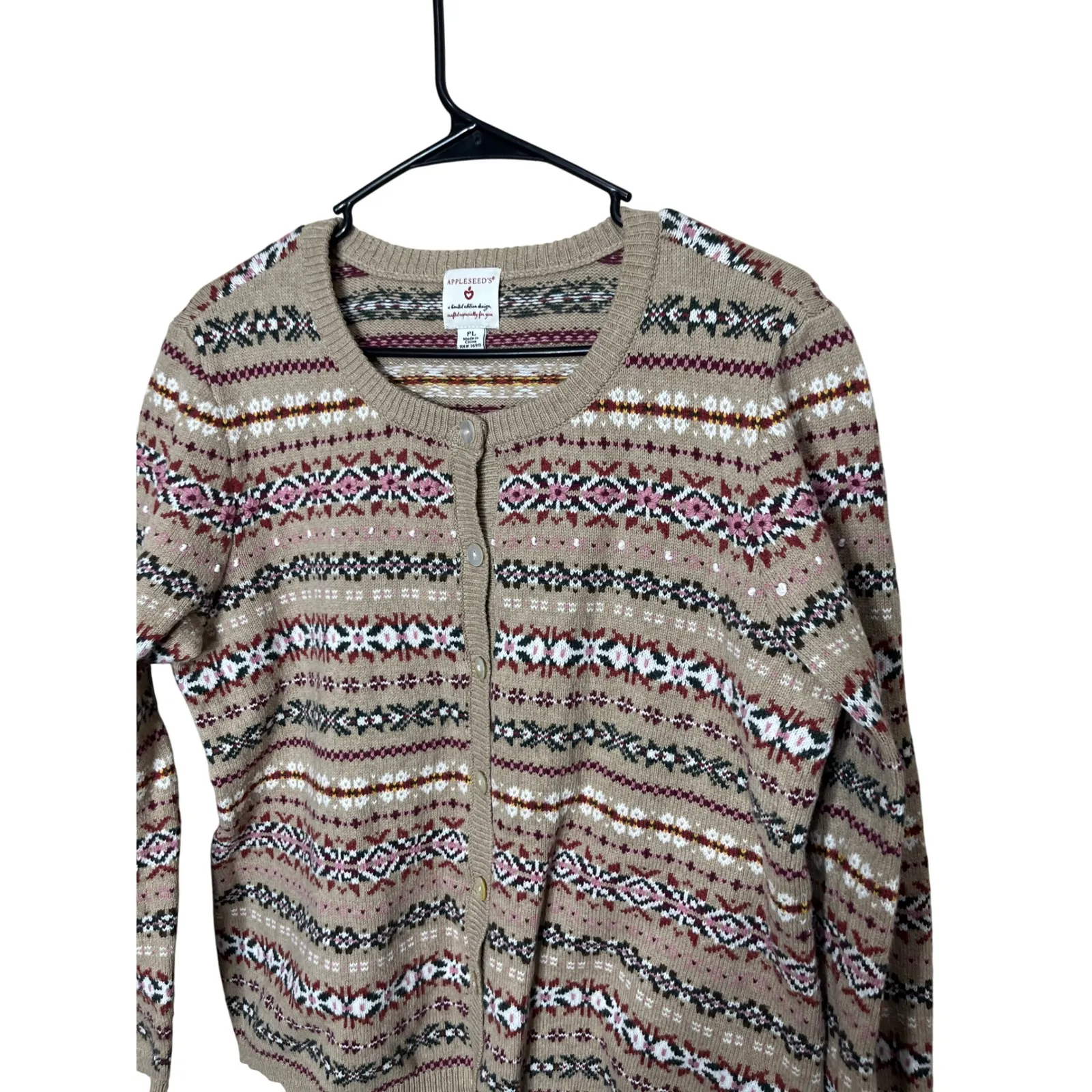 Vintage Appleseeds Wool Blend PL Tan Multi Fair Isle Pattern Cardigan Sweater Size undefined - Image 2