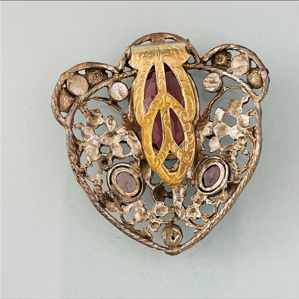 Vintage 1930s Art decor Czech pink rhinestone gold plated dress clip brooch - Image 2