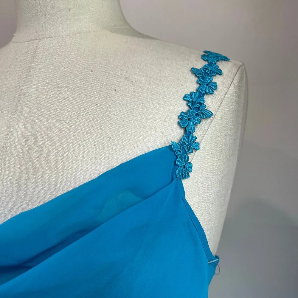 VTG Delicates Ocean Blue Double Layered Cowl Neck Lace Flower Straps Slip Sz M - Image 6