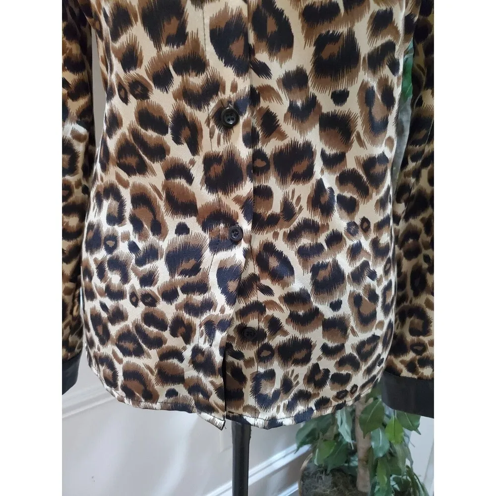 SHEIN Brown Animal Print Faux Leather Collar & Sleeve Button Down Shirt Size 4 - Image 3
