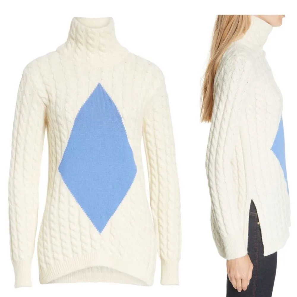 Tory Burch Sweater Nel Cable Knit Diamond Turtleneck Alpaca Wool in Cream Blue - Image 7