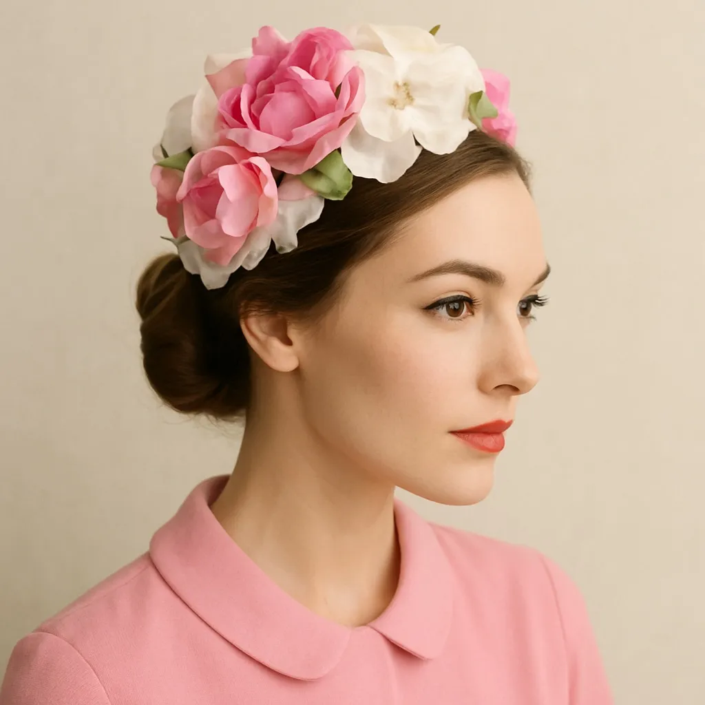 Vintage 1950s Modern Miss Pink White Floral Half Hat Headpiece Union Made USA - Image 12