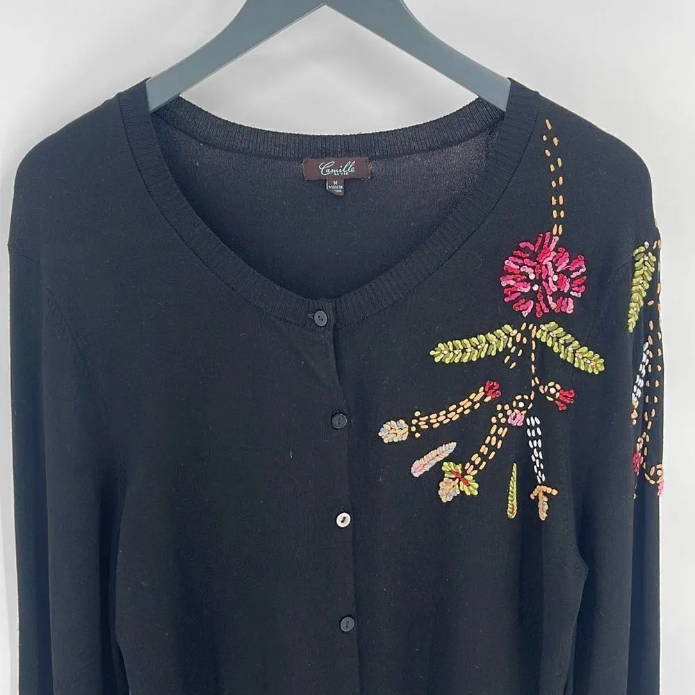Camille La Vie Womens Embroidered Button Front Silk Blend Cardigan Black Medium - Image 2