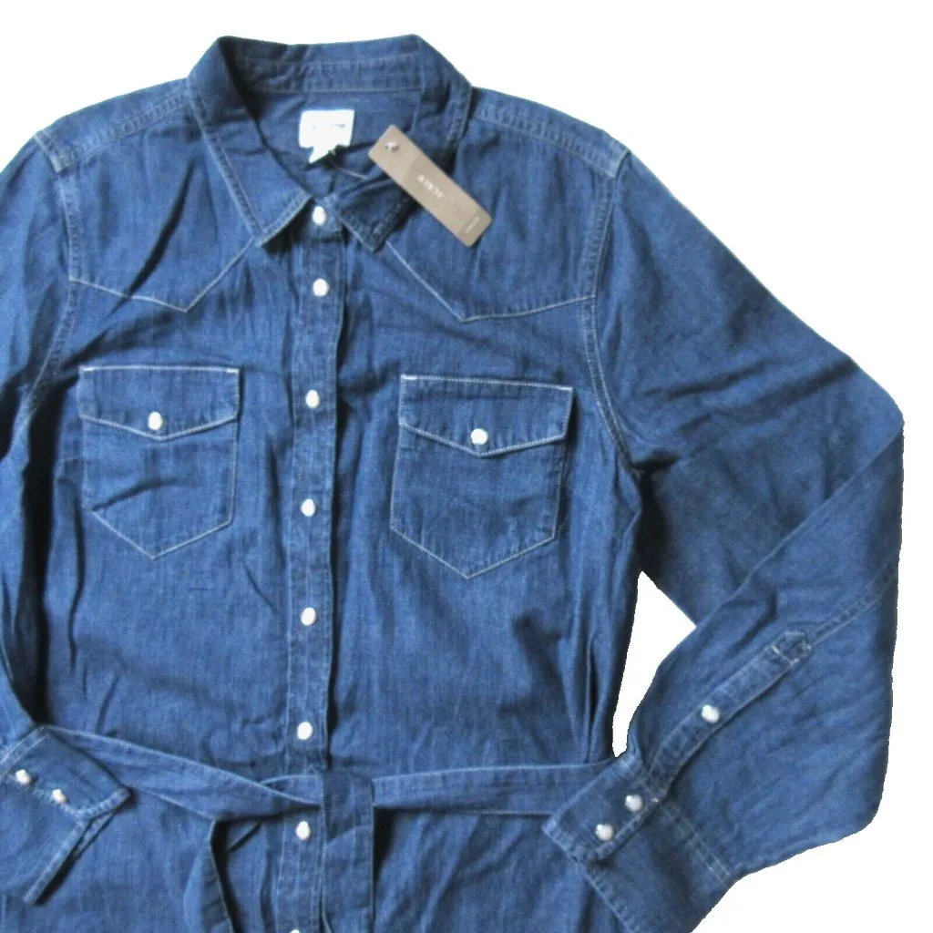 NWT J.Crew Long Sleeve Denim Shirtdress in Blue Tie Waist Snap Front Dress 8 - Image 3