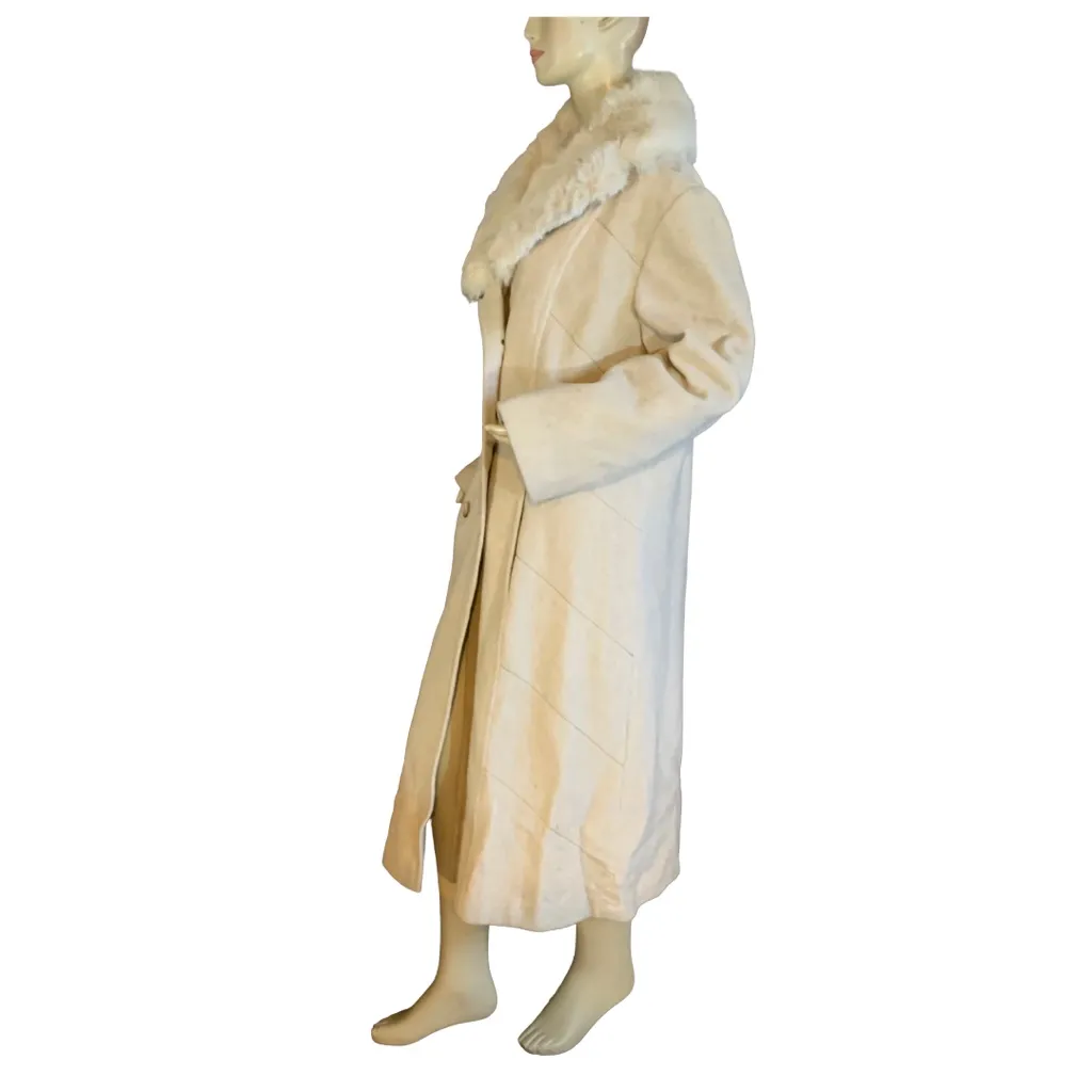 VINTAGE 1980'S PRIME SOURCE NY BEIGE & CREAM WOOL & RABBIT FUR COLLAR COAT (L) Size L - Image 5