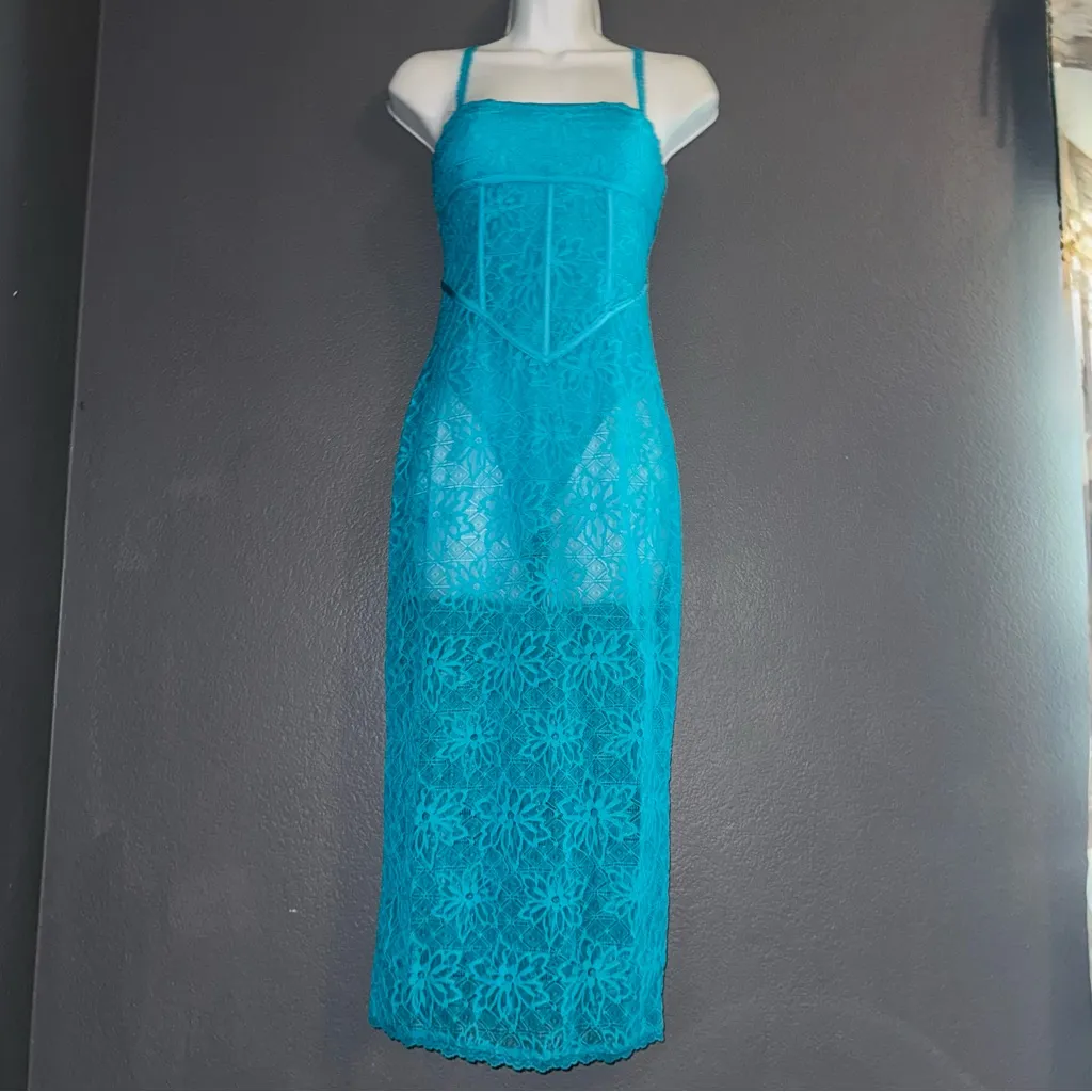 Meshki New w Tags Mathilde Lace Corset Aquamarine Blue Formal Midi Dress XS - Image 3