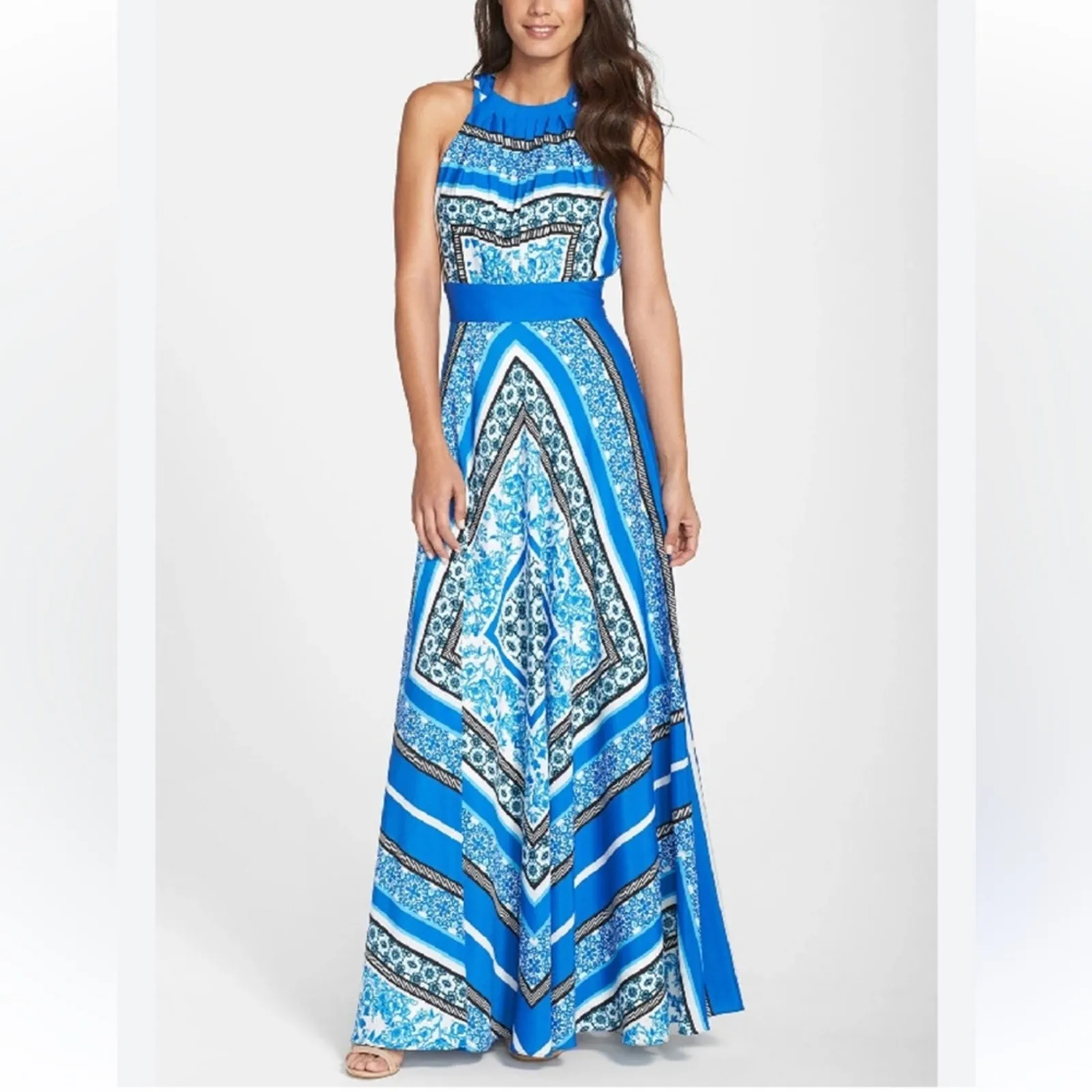 Eliza J Blue Halter Scarf Print Maxi Dress Womens 2P Boho Sleeveless Summer - Image 2