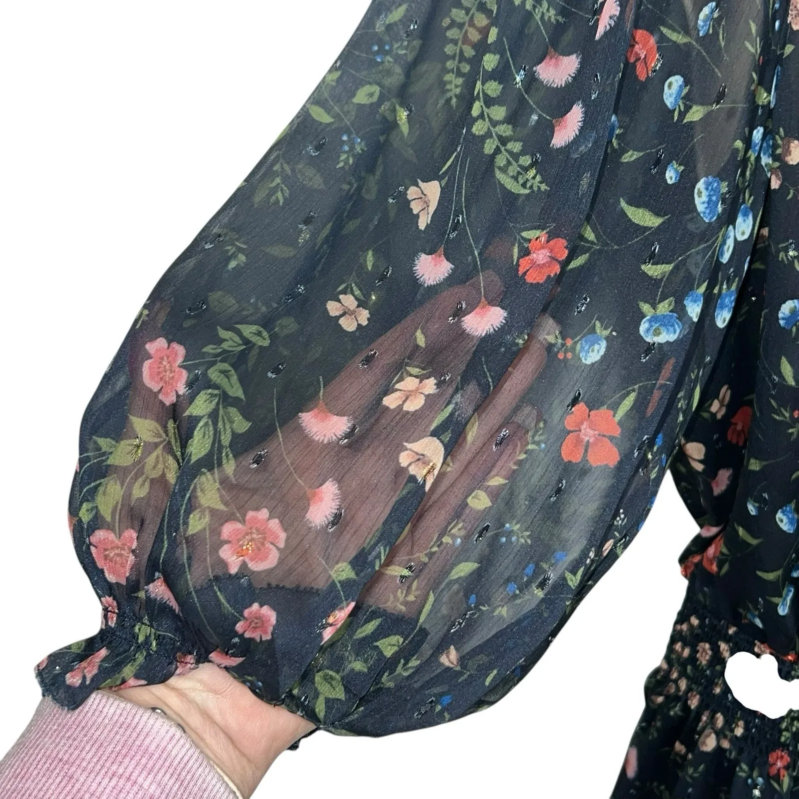 Joie Shima Floral High Neck Smocked Dress Midnight Navy‎ Blue Floral Size Small - Image 5