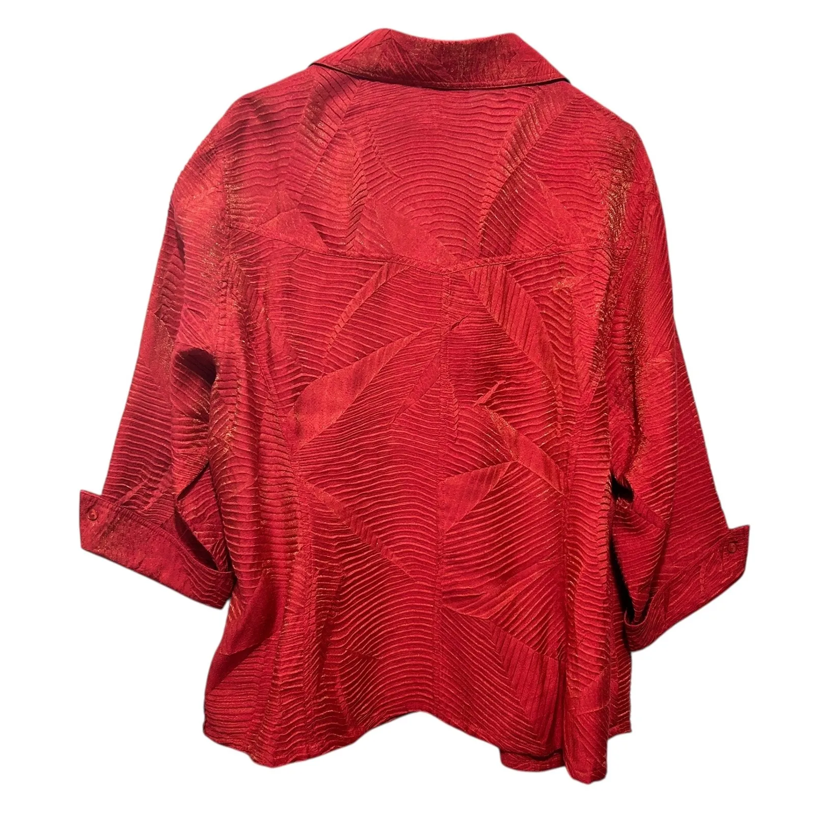 Coldwater Creek Women Button Top 2X Metallic Red Textured Leaf 3/4 Cuff Sleeve - Image 2