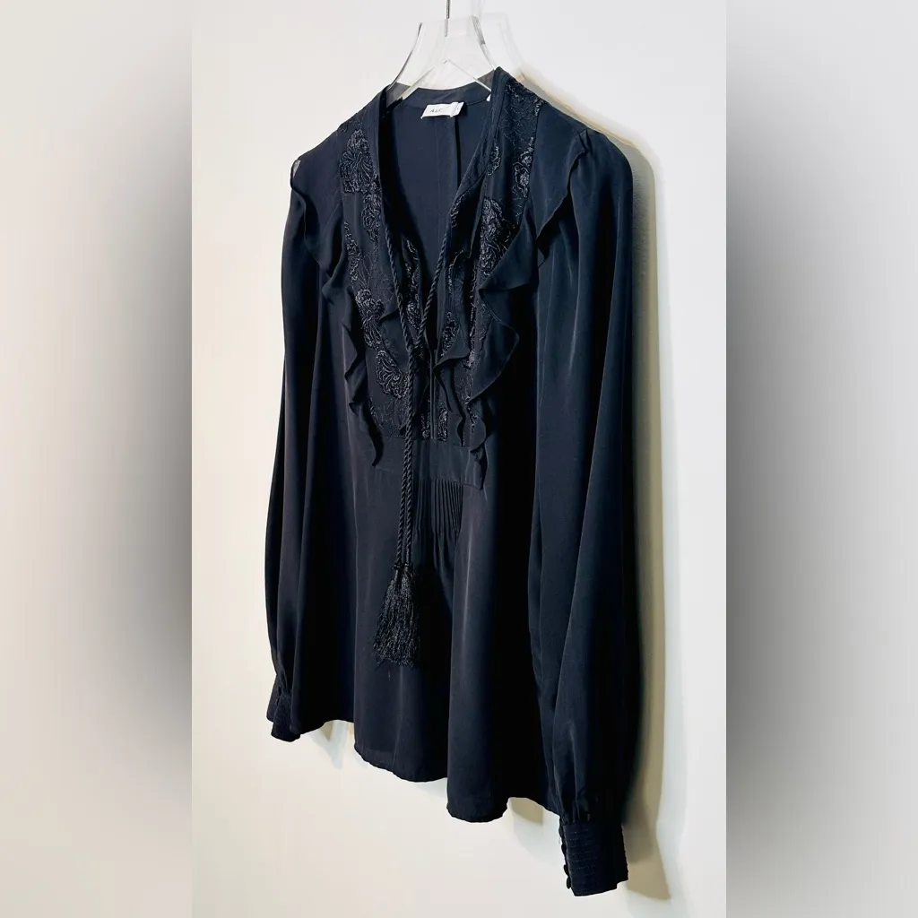 A.L.C. Women’s Blyth Black Silk Floral Embroidered Boho Peasant Top Blouse Shirt - Image 5