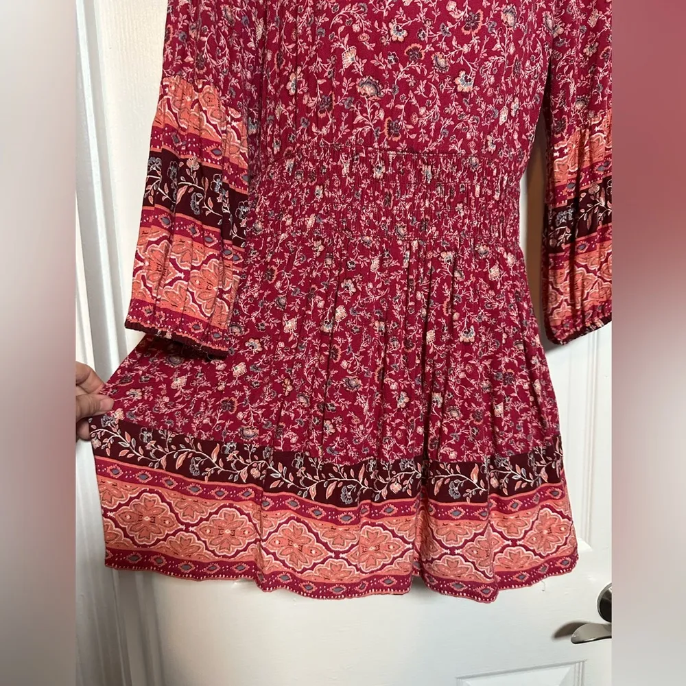 American Eagle Red Paisley Long Sleeve Bohemian Western Peasant Dress S - Image 7