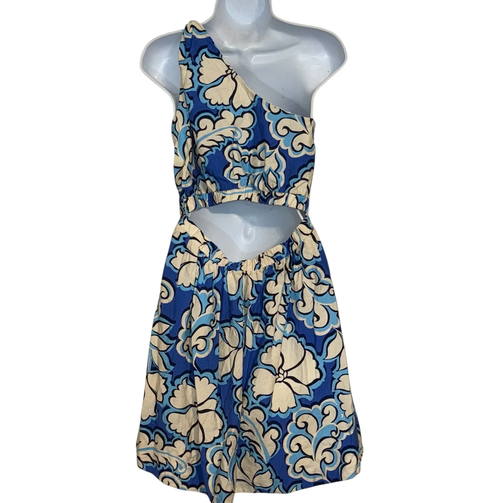 MEET ME IN SANTORI Azure Bloom One Shoulder Floral Mini Dress Size Small Blue - Image 6