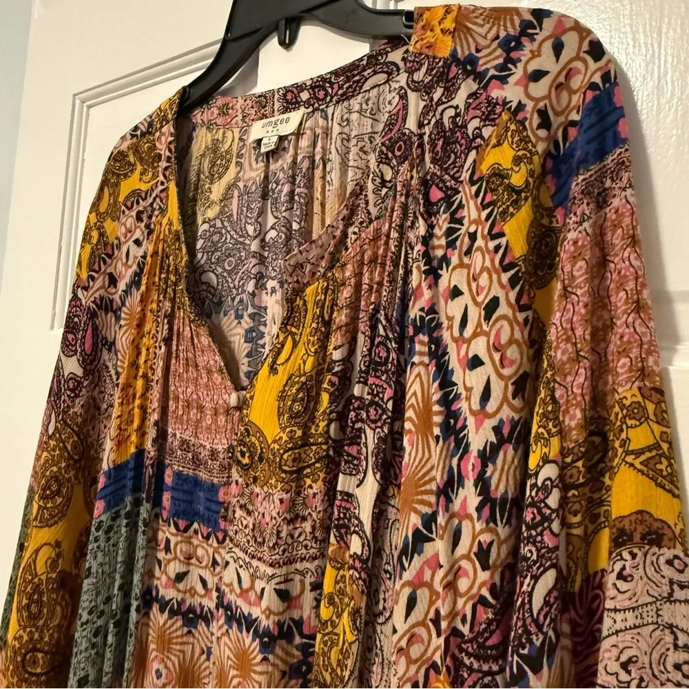 Umgee Paisley Floral Patchwork Long Sleeve Boho Midi Dress Multicolor Size Large - Image 4