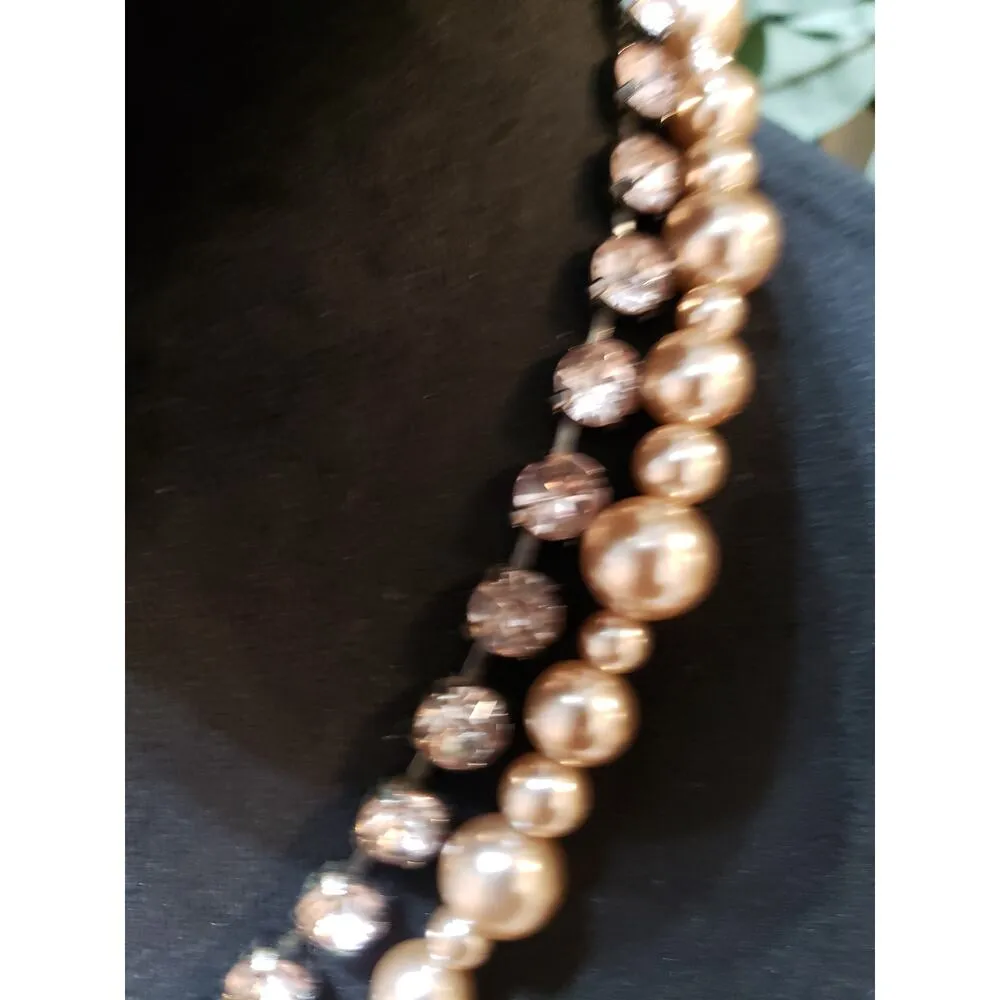 Womens 2 Strand Faux Pearl Rhinestone Trim Bling Chain Necklace w/ Spring Clasp White - Image 4