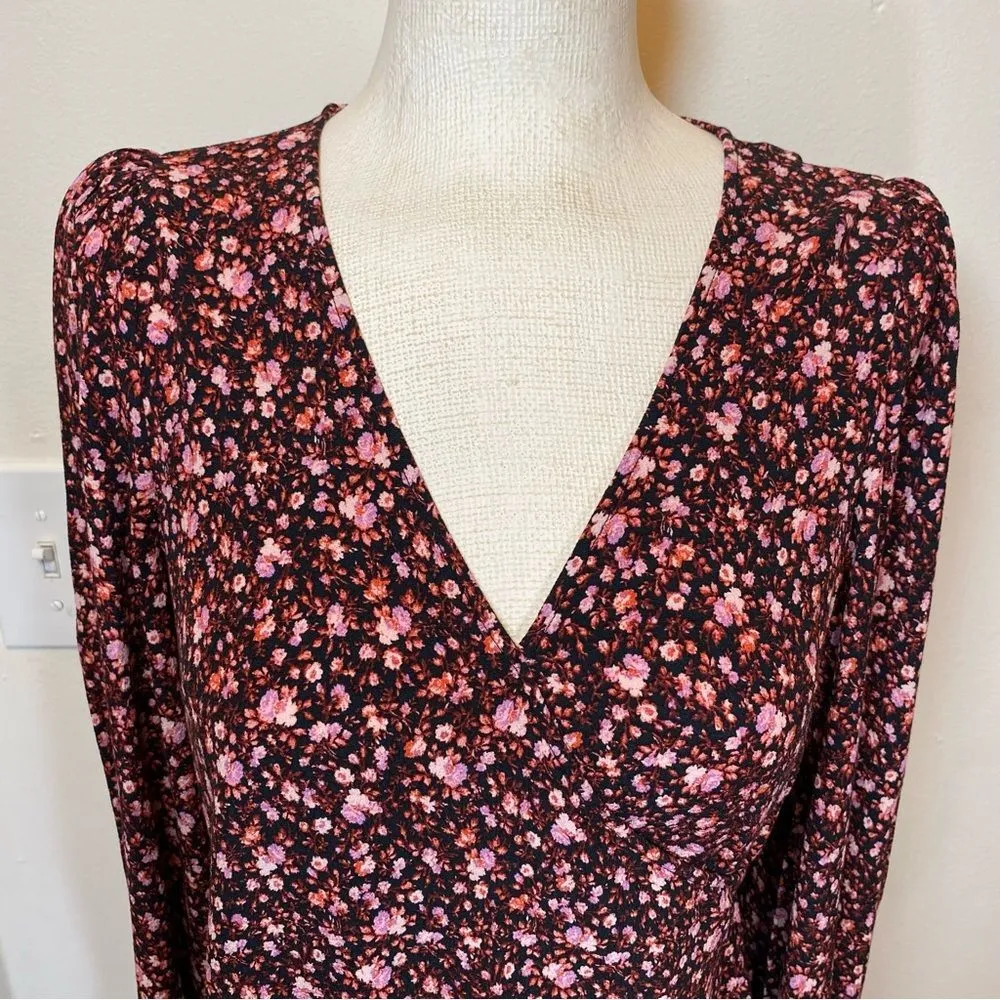 & Other Stories Floral Long Puff Sleeve Wrap Blouse Black/Pink Sz 6 Small - Image 5