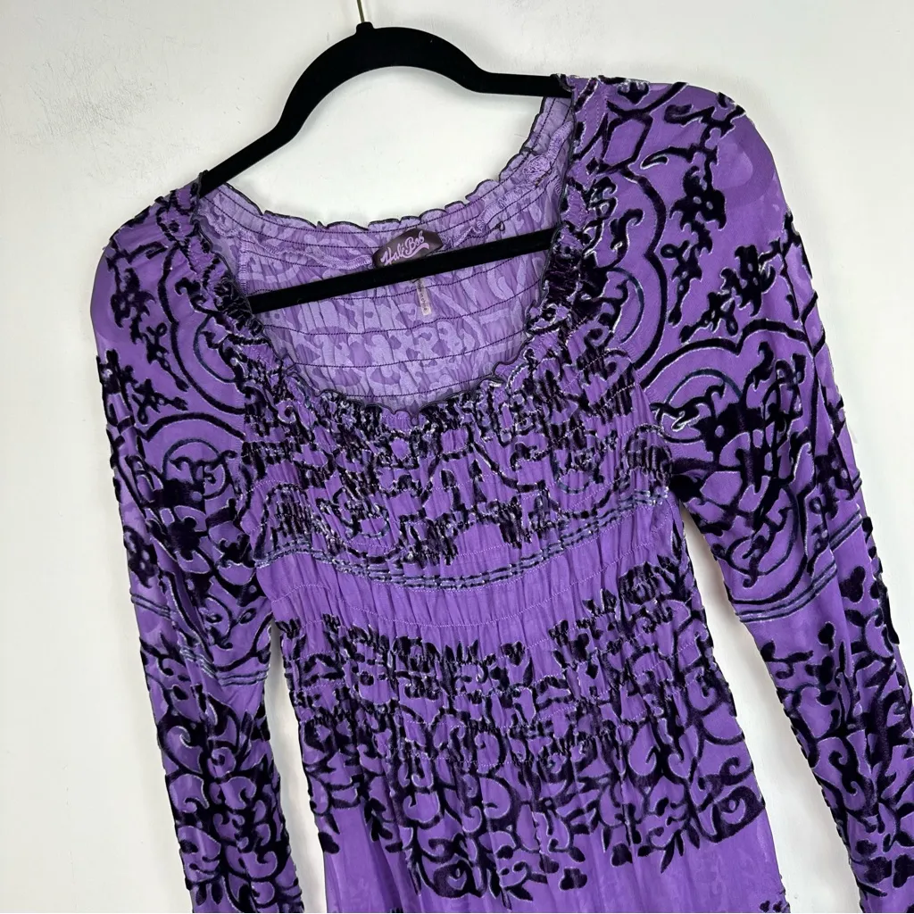 Hale Bob Velvet Burnout Top Sz XS Long Sleeve Ruched Purple Black Floral - Image 4