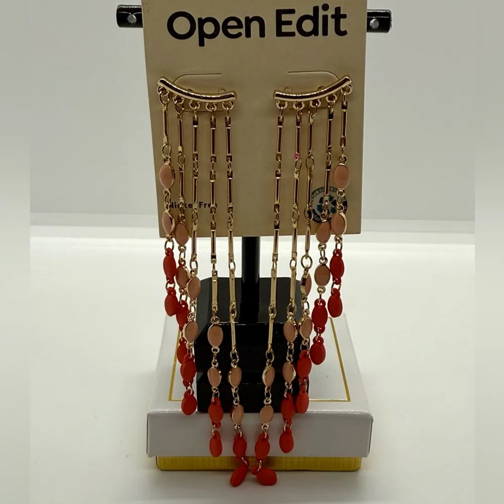 Open Edit Red and Gold Chandelier Long Dangle Earrings - Image 2