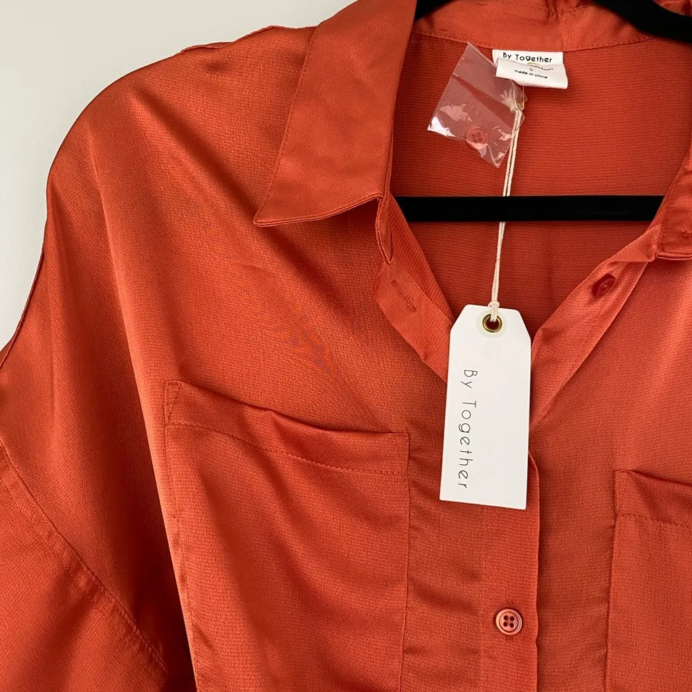 Orange Satin Button Down Blouse • Size S • Oversized Fit - Image 2