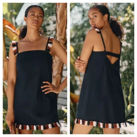 By Anthropologie The Hartley Shift Mini Dress in Black Tassels Boho Style Sz S - Image 2