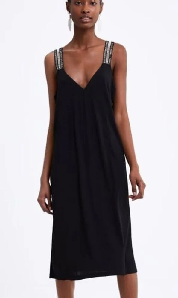 Zara Black Midi Dress Small Ribbed Knit Jersey Crochet Strap Vacation - Image 12