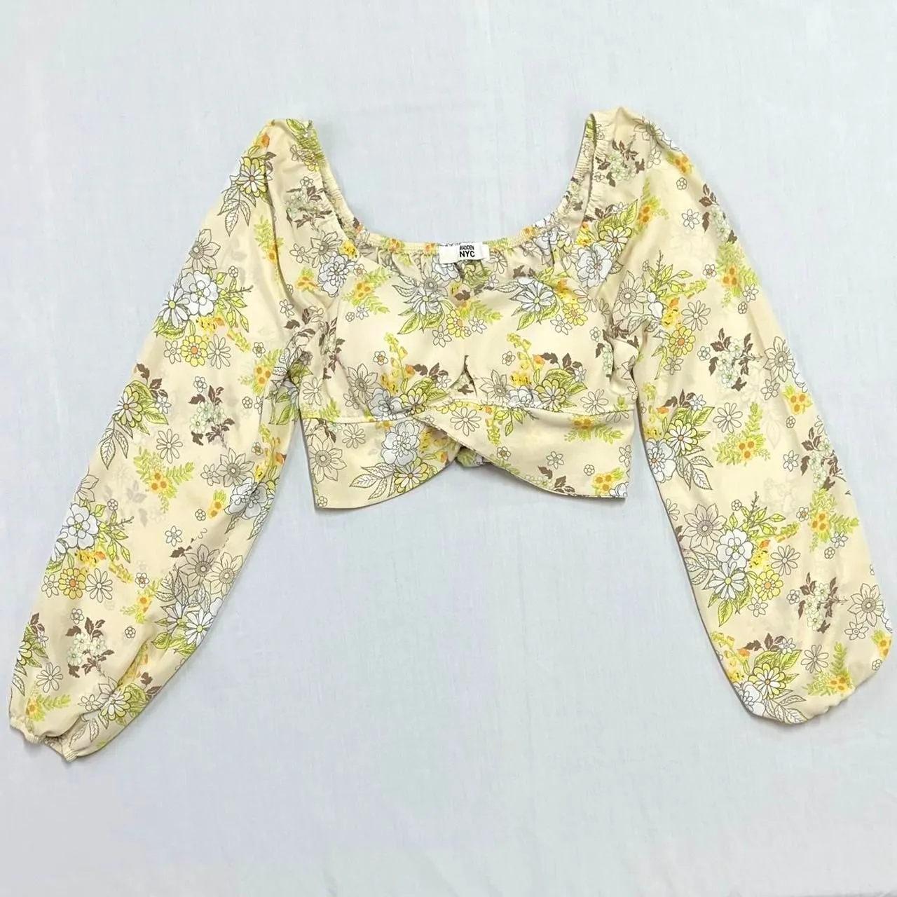 Madden NYC Cream Yellow Floral Retro Crop Top Tie Back Balloon Sleeves‎ Sz M 70s - Image 3