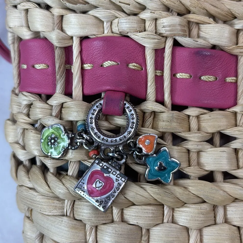 Brighton RETIRED Carmella Pink Woven Straw Shoulder Hand Bag Charms & Heart - Image 3