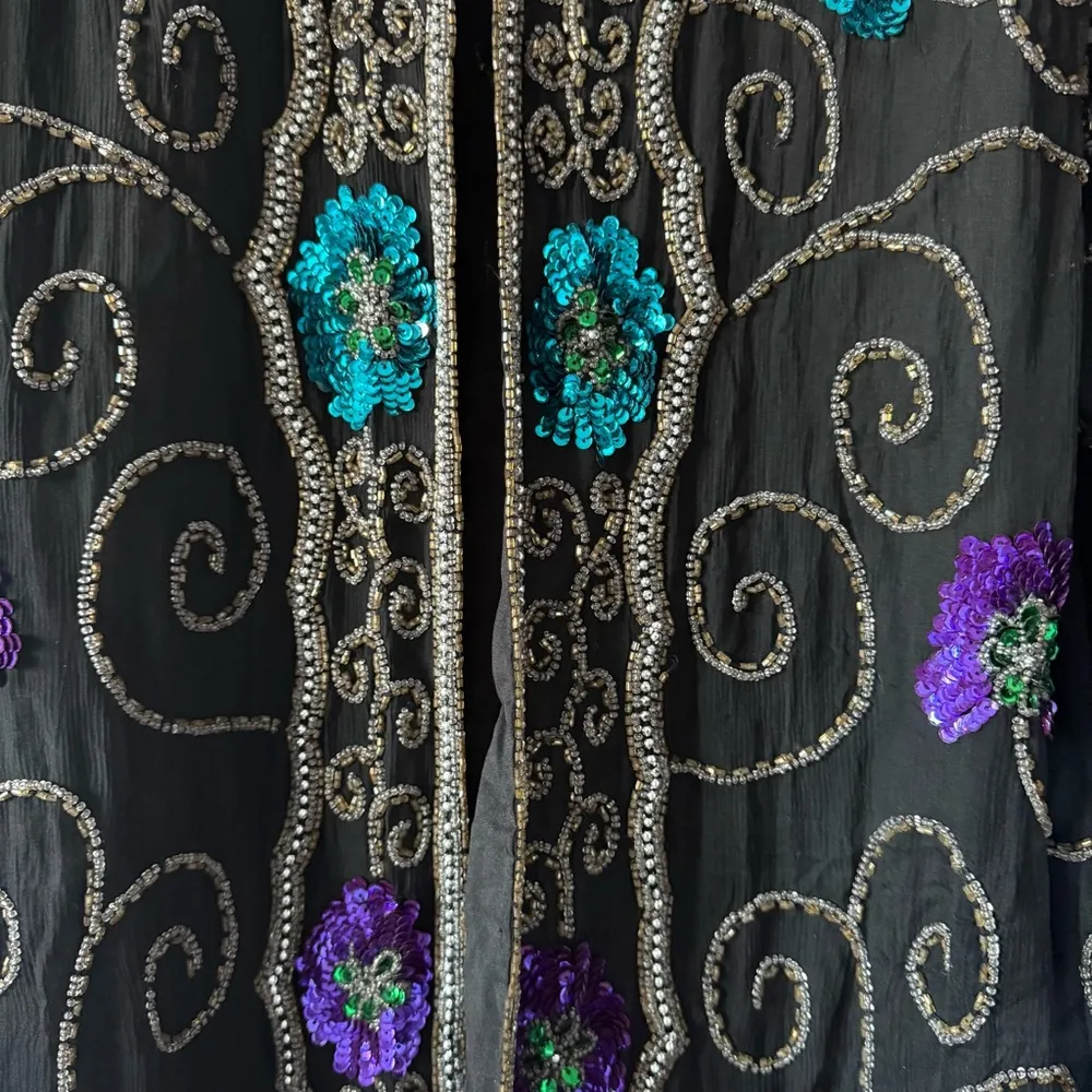 Vintage Joseph Le Bon 100% silk XL beaded cape formal blouse event funky 1980s Black - Image 4