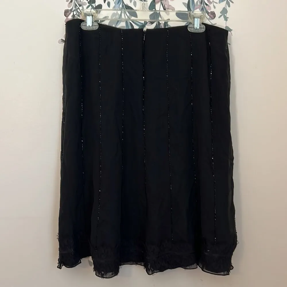 Carmen Marc Valvo Black Midi Skirt with Lace Hem and Pinstripe Beading - Image 8