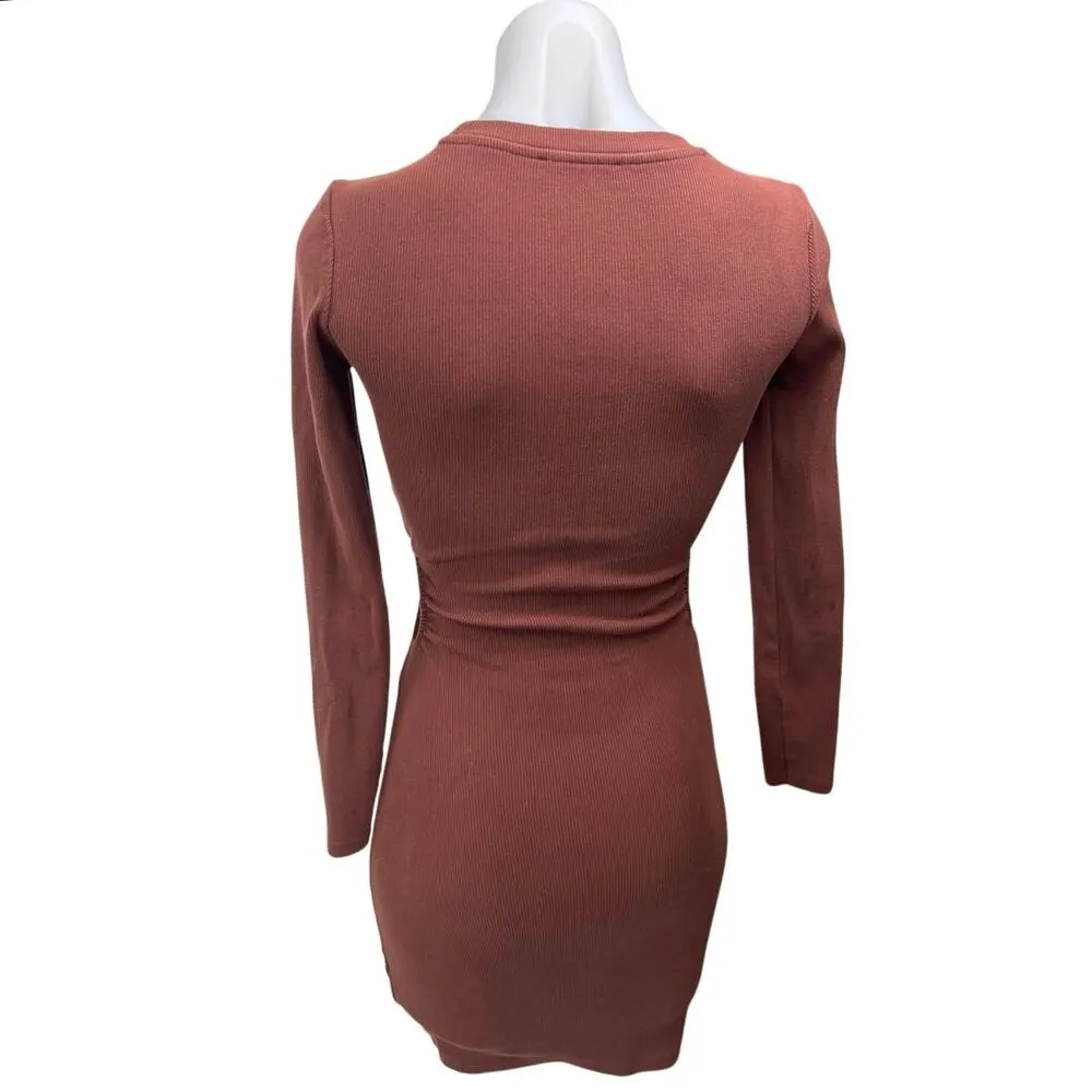 Zara Women's Brown Rib Knit Cutout Long Sleeve Mini Bodycon Sweater Dress Size S - Image 6