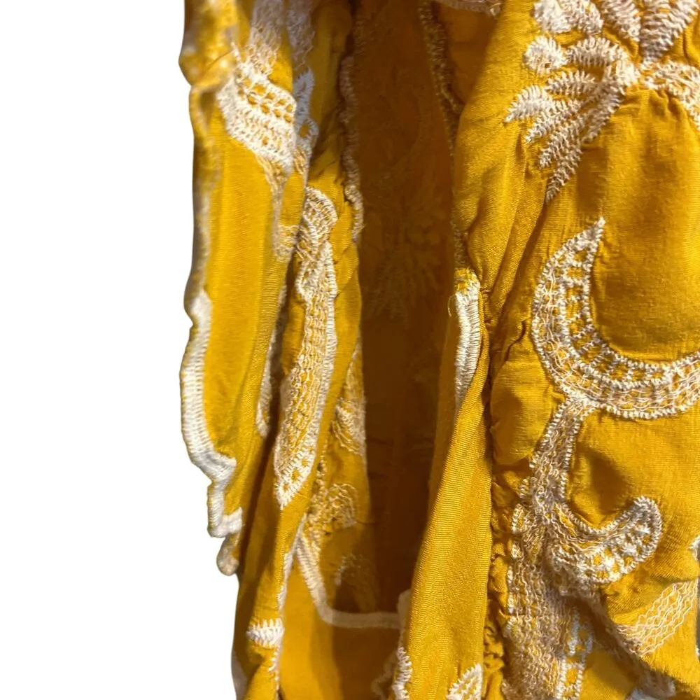 Solitaire WomenTop M Yellow Embroidered Floral Boho Cottagecore Fairy Festival - Image 5