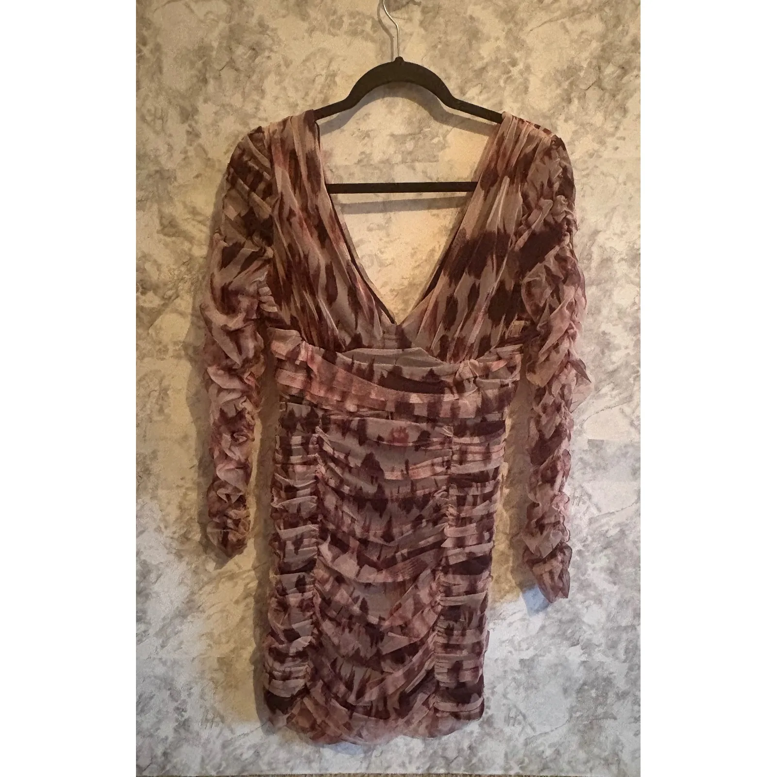 Zara Women's Mesh Ruched Bodycon Long‎ Sleeve Mini Dress V Neck Size L - Image 3