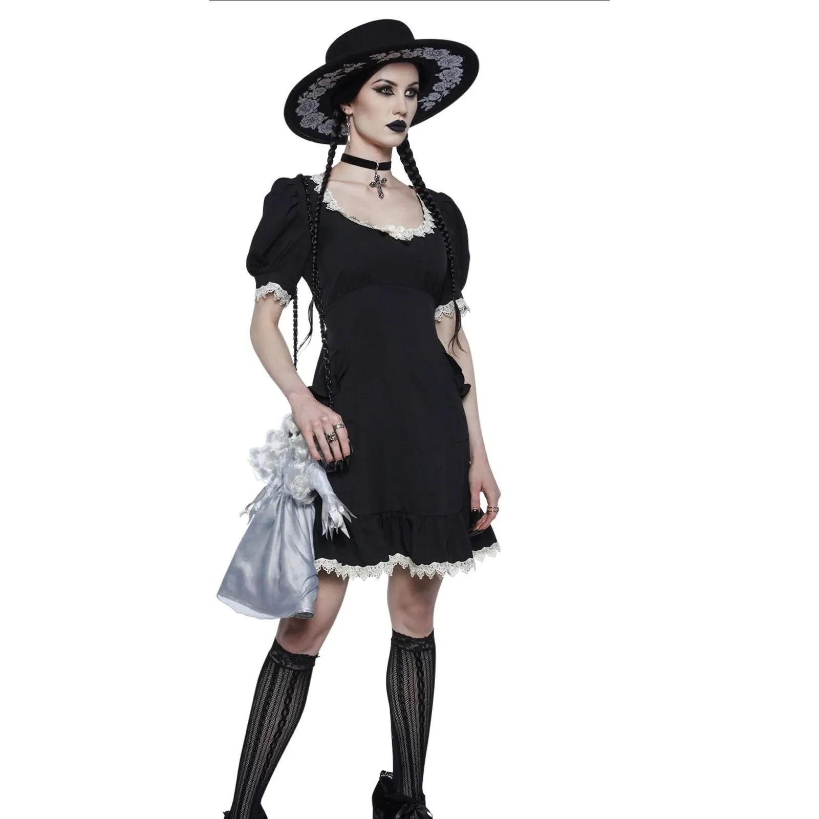 Widow Dollskill Porcelain Gaze Dark Coquette Mini Dress Sz 1X Black Dark Cottage - Image 8